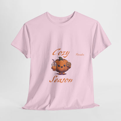 Pink t-shirt of a graphic cute cozy season pumpkin holding a cookie and pumpkin spice