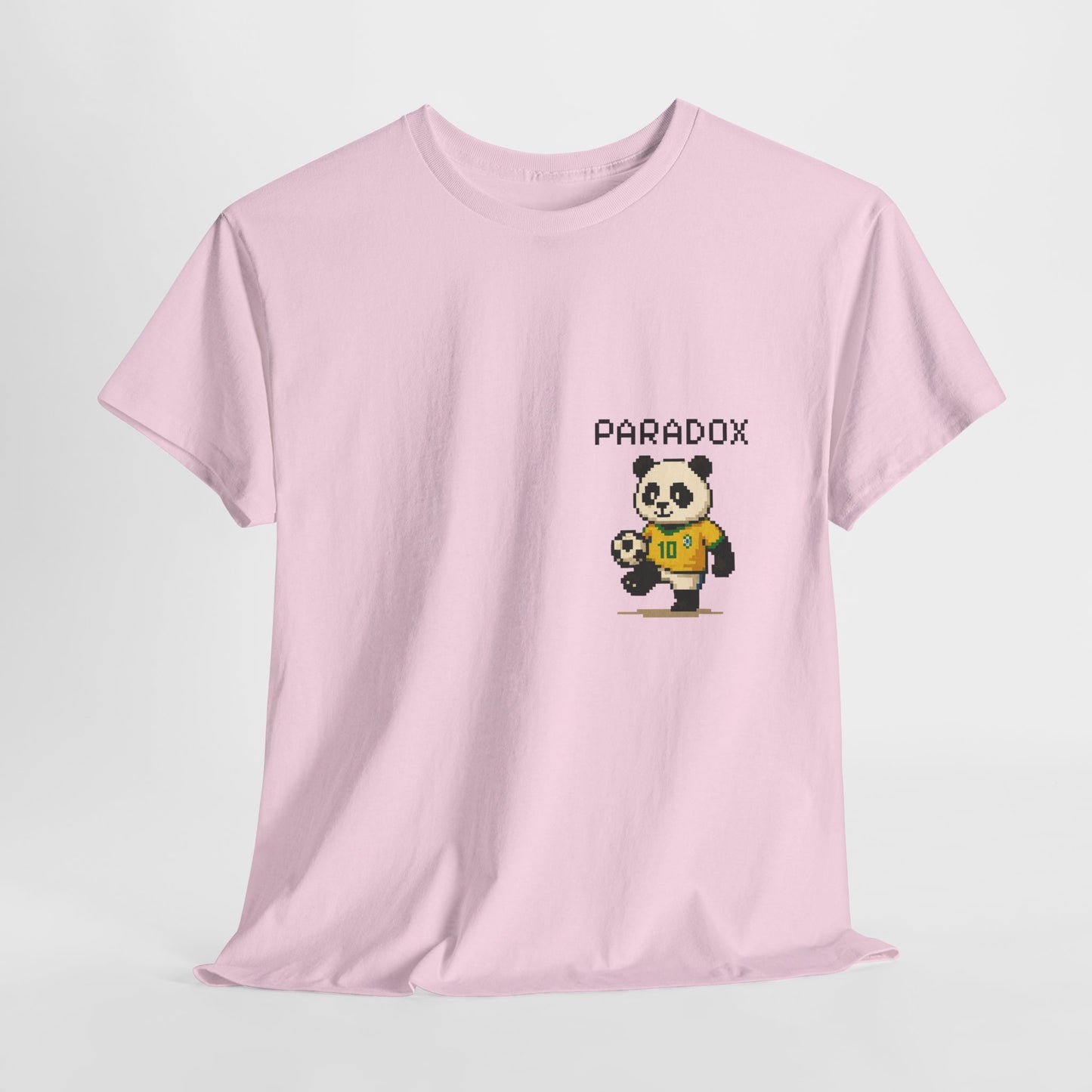 Pink t-shirt of a graphic pixel art panda playing soccer on a female model