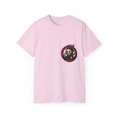 Pink t-shirt with a funny design of grim reaper and text What a time to be alive