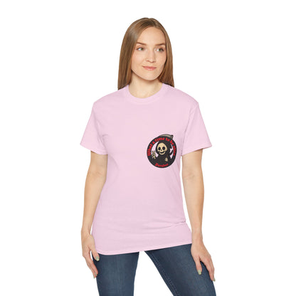 Pink t-shirt with a funny design of grim reaper and text What a time to be alive female model