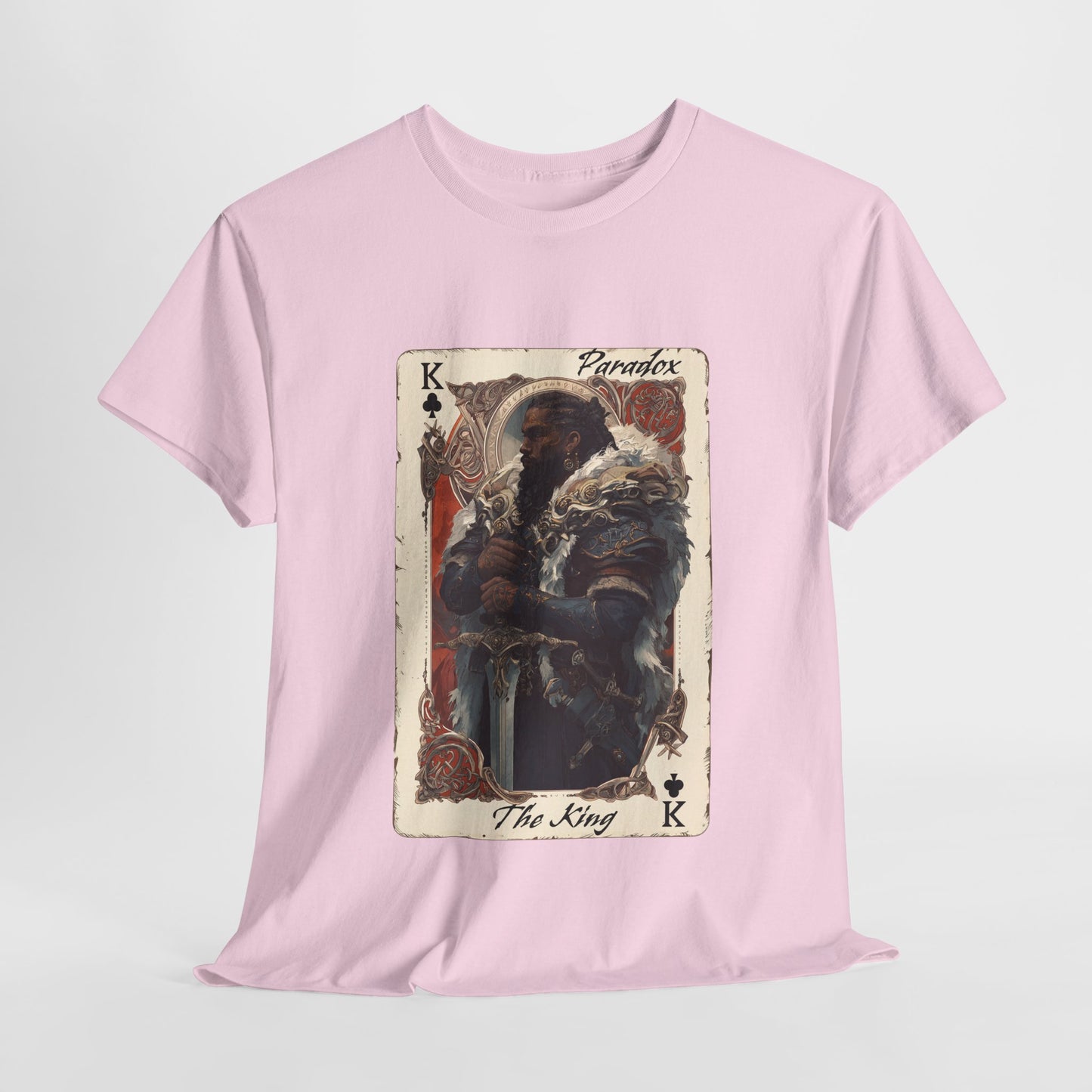 Pink t-shirt with a graphic design of a card featuring a character and text on a white background