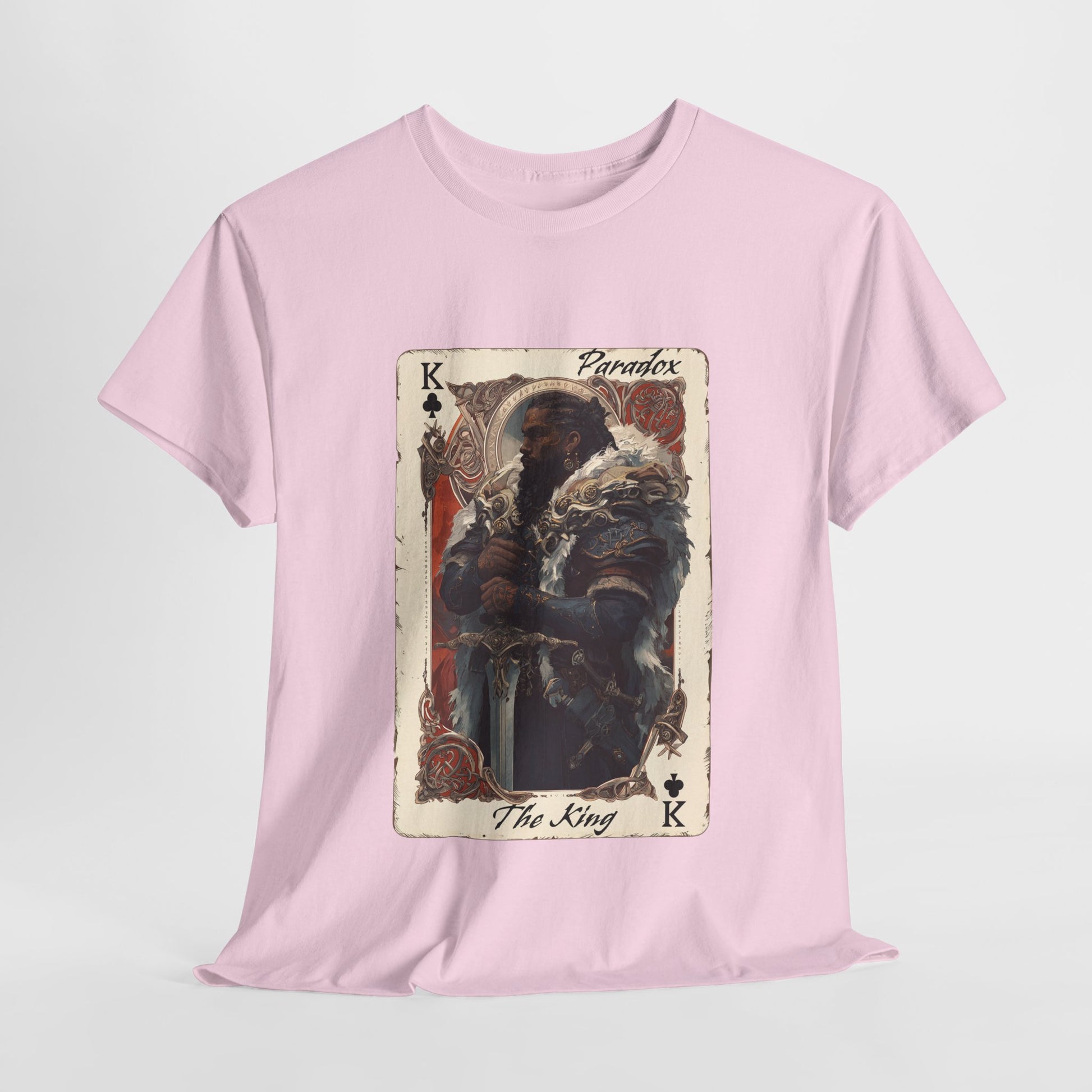 Pink t-shirt with a graphic design of a card featuring a character and text on a white background