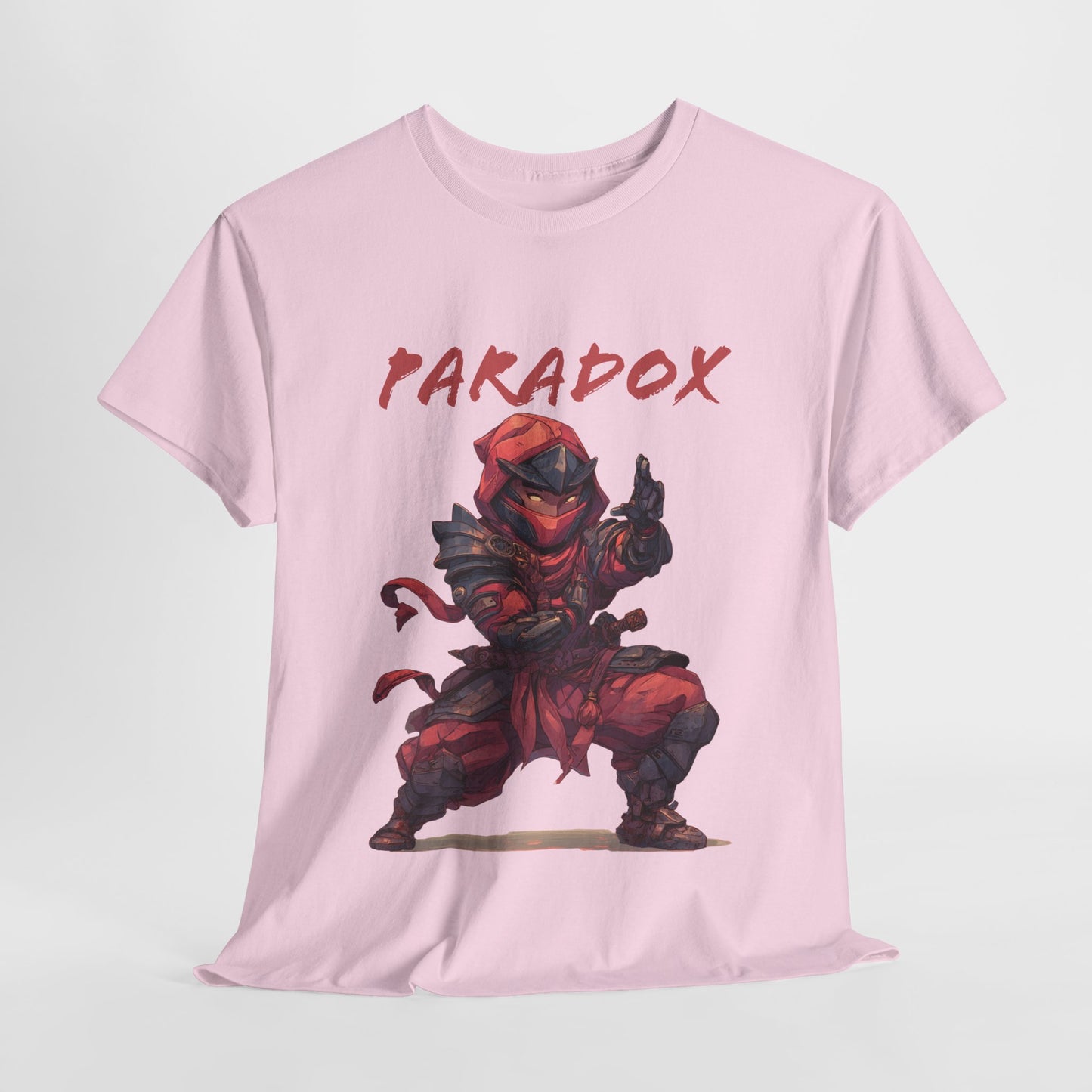 Pink t-shirt with a graphic of a ninja 5.0 on a male model