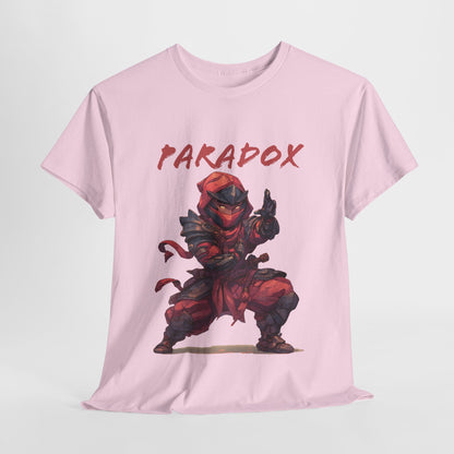 Pink t-shirt with a graphic of a ninja 5.0 on a male model