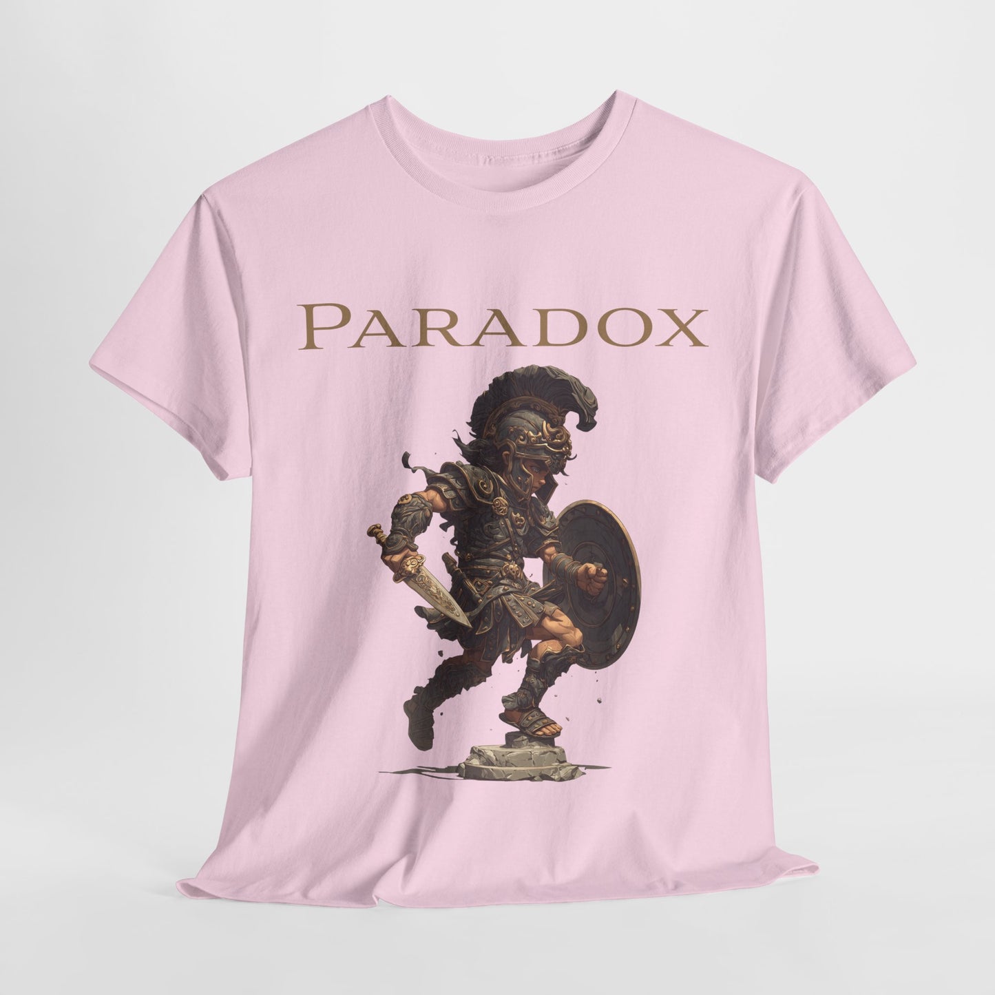 Pink t-shirt with a graphic of a warrior featuring a gladiator.