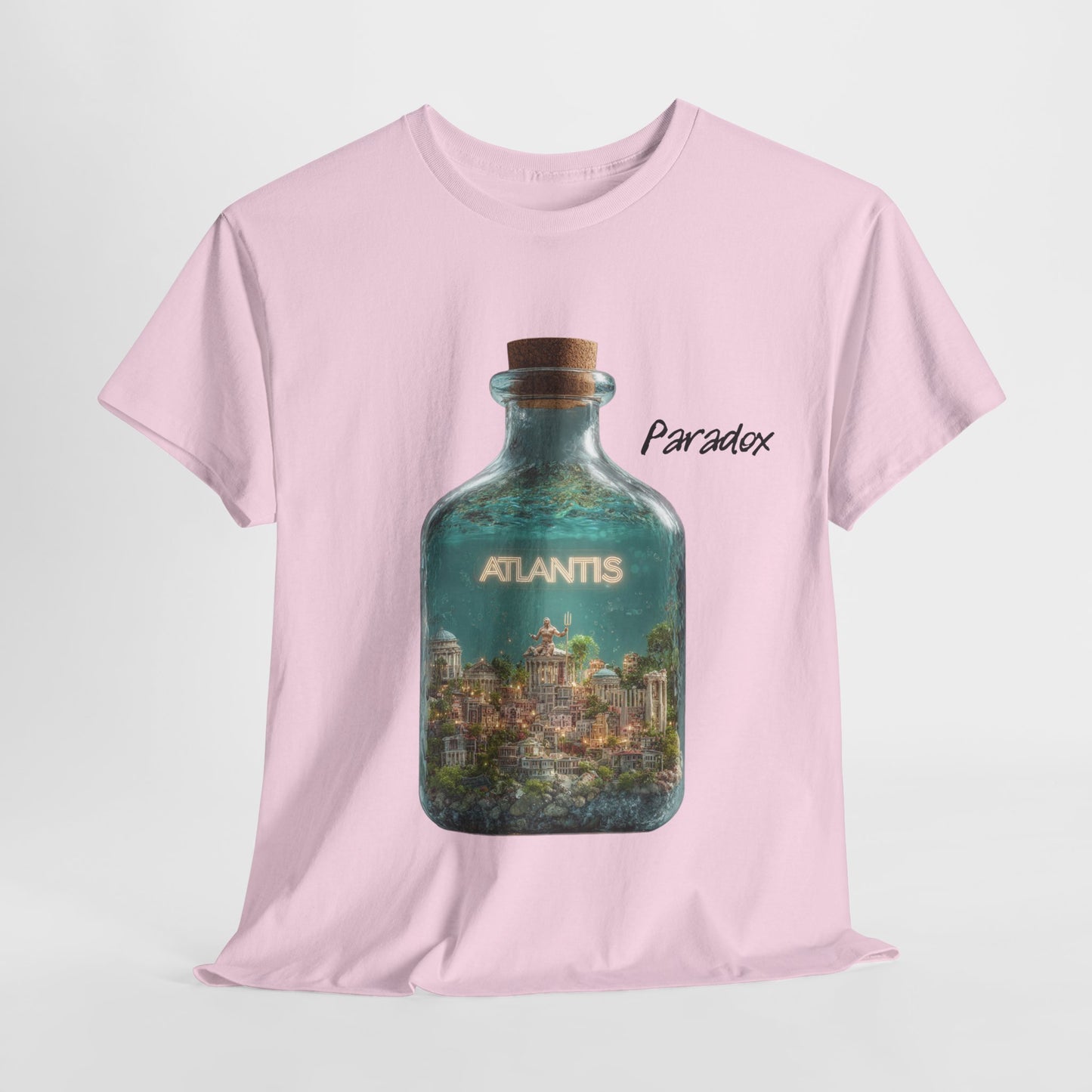 Pink t-shirt with a graphic of the city Atlantis.