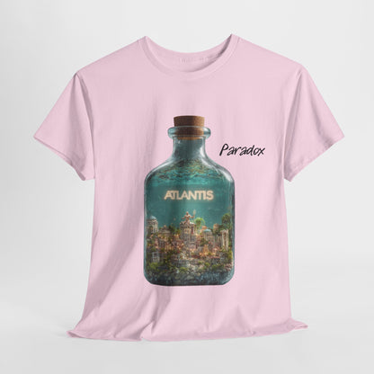 Pink t-shirt with a graphic of the city Atlantis.