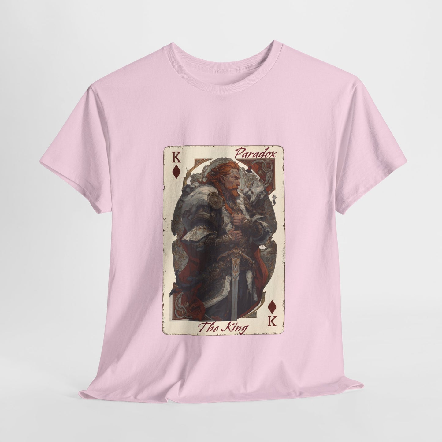 Pink t-shirt with a graphic of the king of diamonds on a male model