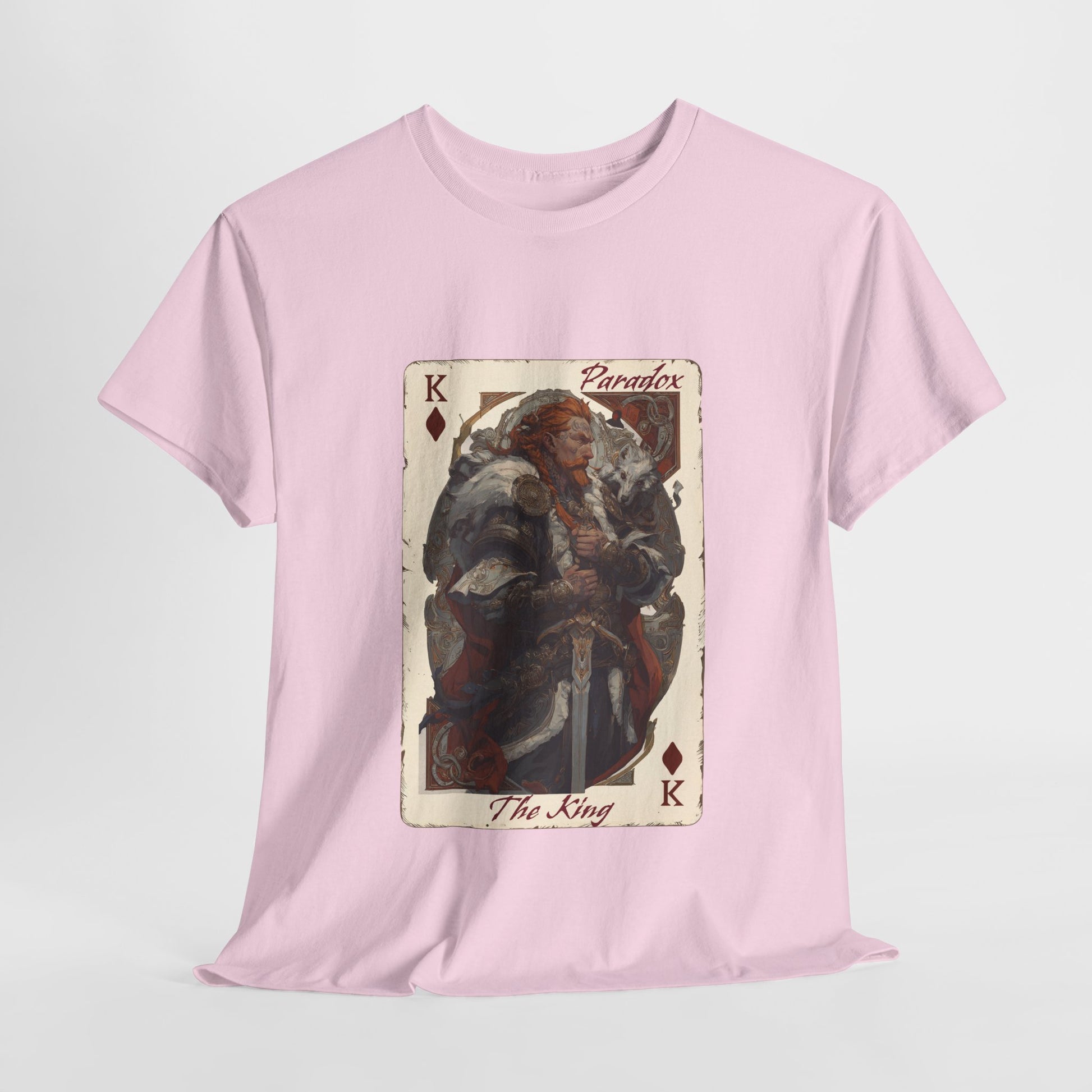 Pink t-shirt with a graphic of the king of diamonds on a male model