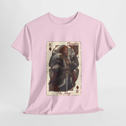 Pink t-shirt with a graphic of the king of diamonds on a male model