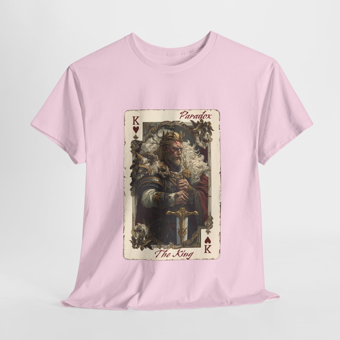 Pink  t-shirt with a graphic of the king of hearts on a male model