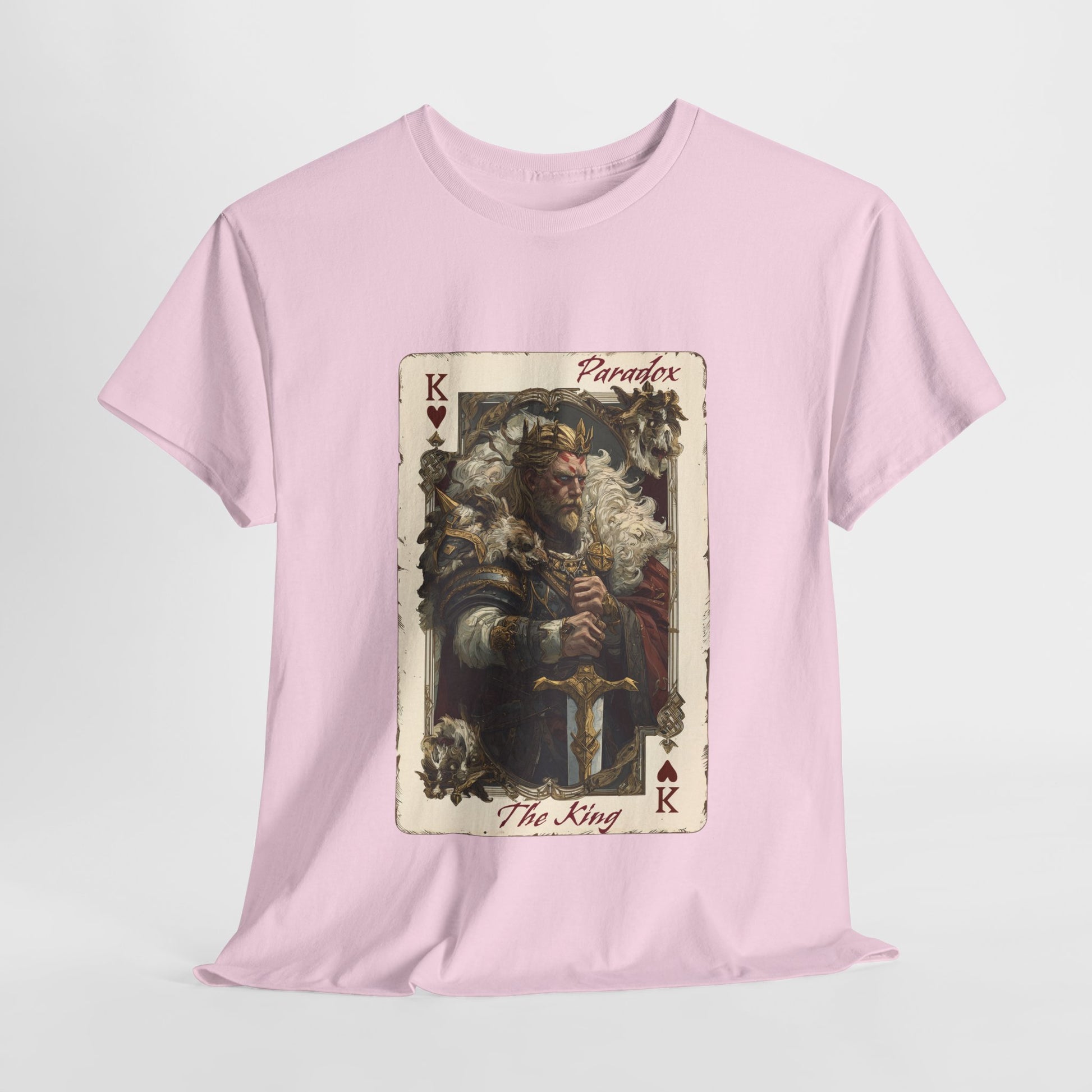 Pink  t-shirt with a graphic of the king of hearts on a male model