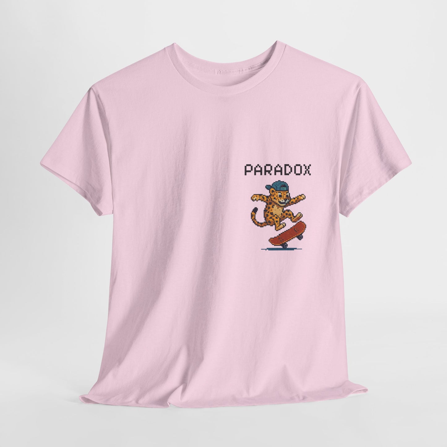 Pink t-shirt with a pixel graphic of a leopard skateboarding