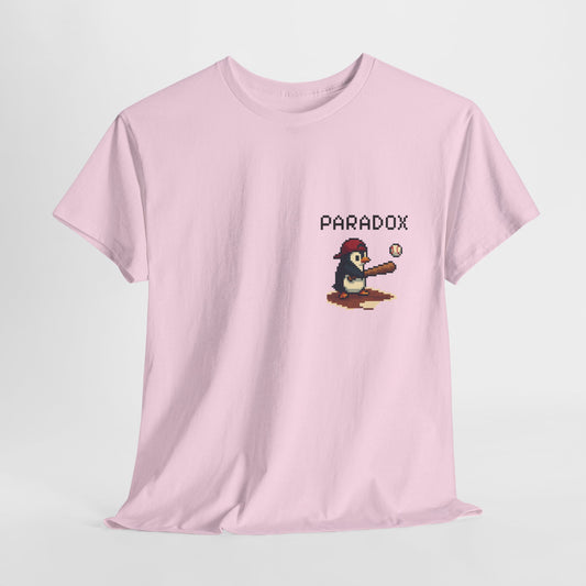 Pink t-shirt with a pixel graphic of a penguin playing baseball