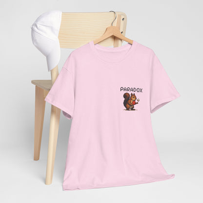 Pink t-shirt with a pixel graphic of a squirrel playing ping pong