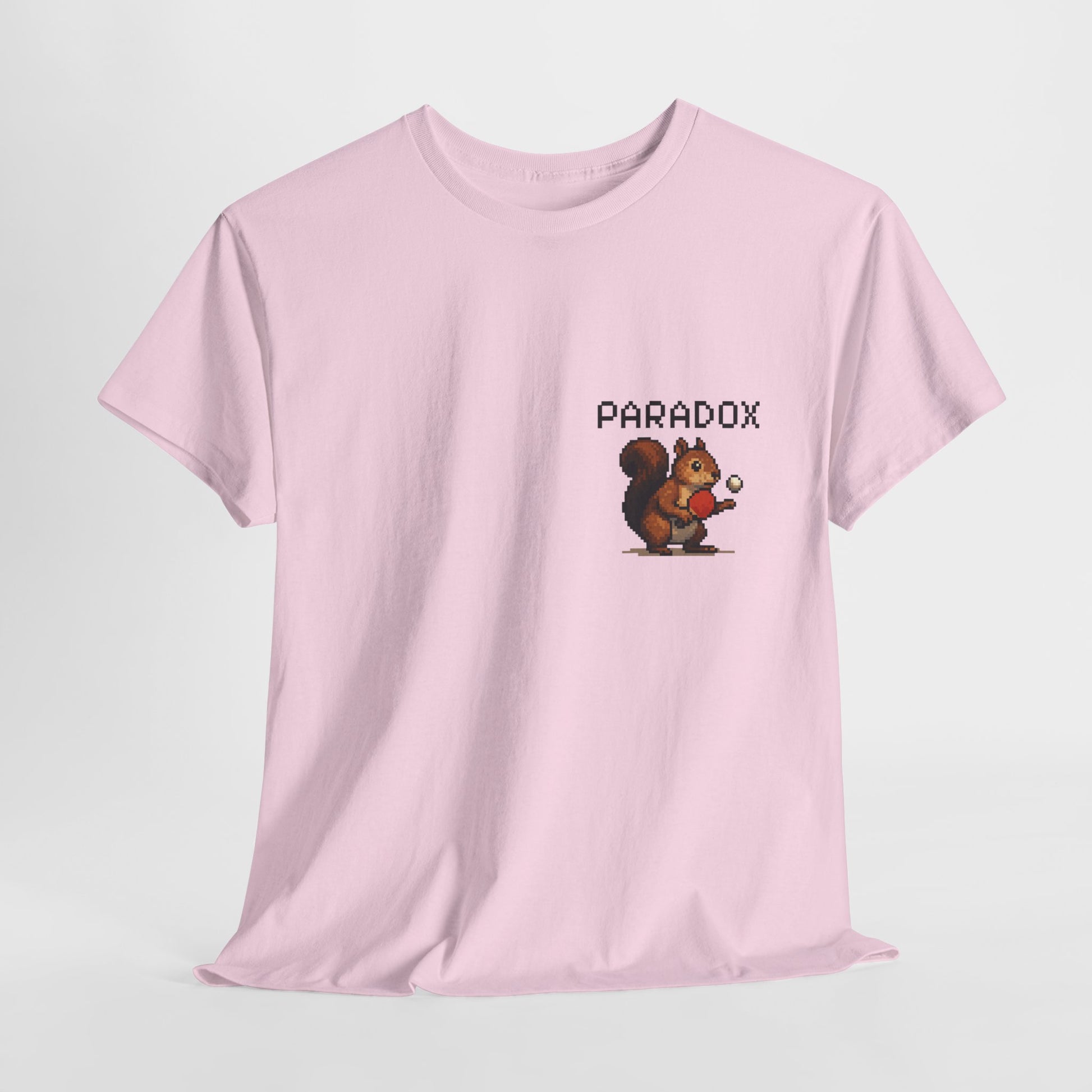 Pink t-shirt with a pixel graphic of a squirrel playing ping pong