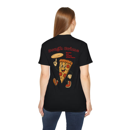 Black t-shirt with a pizza slice graphic and funny