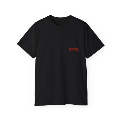 Black t-shirt with a pizza slice graphic and funny
