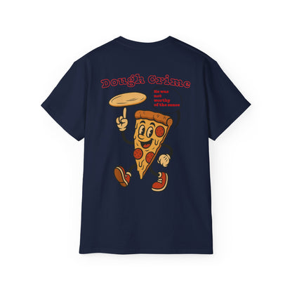 Blue t-shirt with a pizza slice graphic and funny