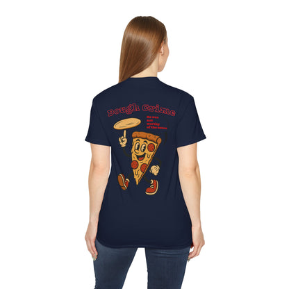 Blue t-shirt with a pizza slice graphic and funny female model