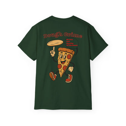 Green t-shirt with a pizza slice graphic and funny backside