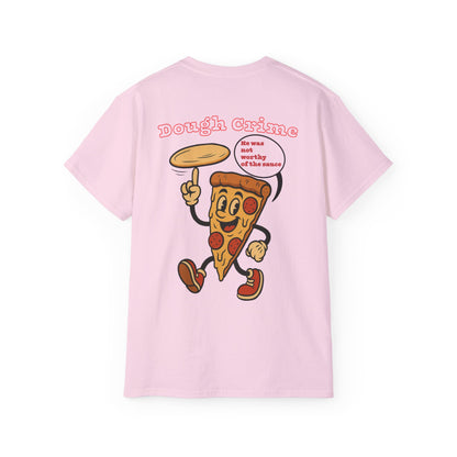 Pink t-shirt with a pizza slice graphic and funny