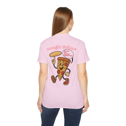 Pink t-shirt with a pizza slice graphic and funny