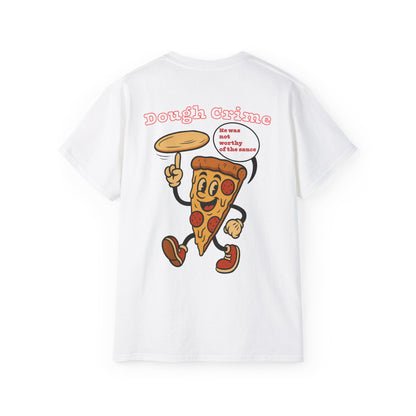 White t-shirt with a pizza slice graphic and funny