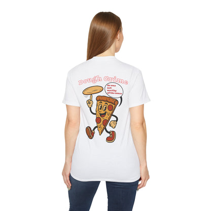 White t-shirt with a pizza slice graphic and funny female model