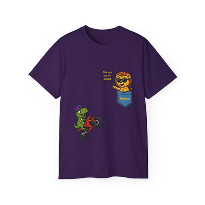 Purple t-shirt with a cartoon dinosaur on a motorcycle and a lion saying You are out of pocket.