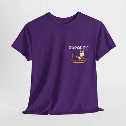 Purple t-shirt with a graphic pixel art of bunny doing pilates