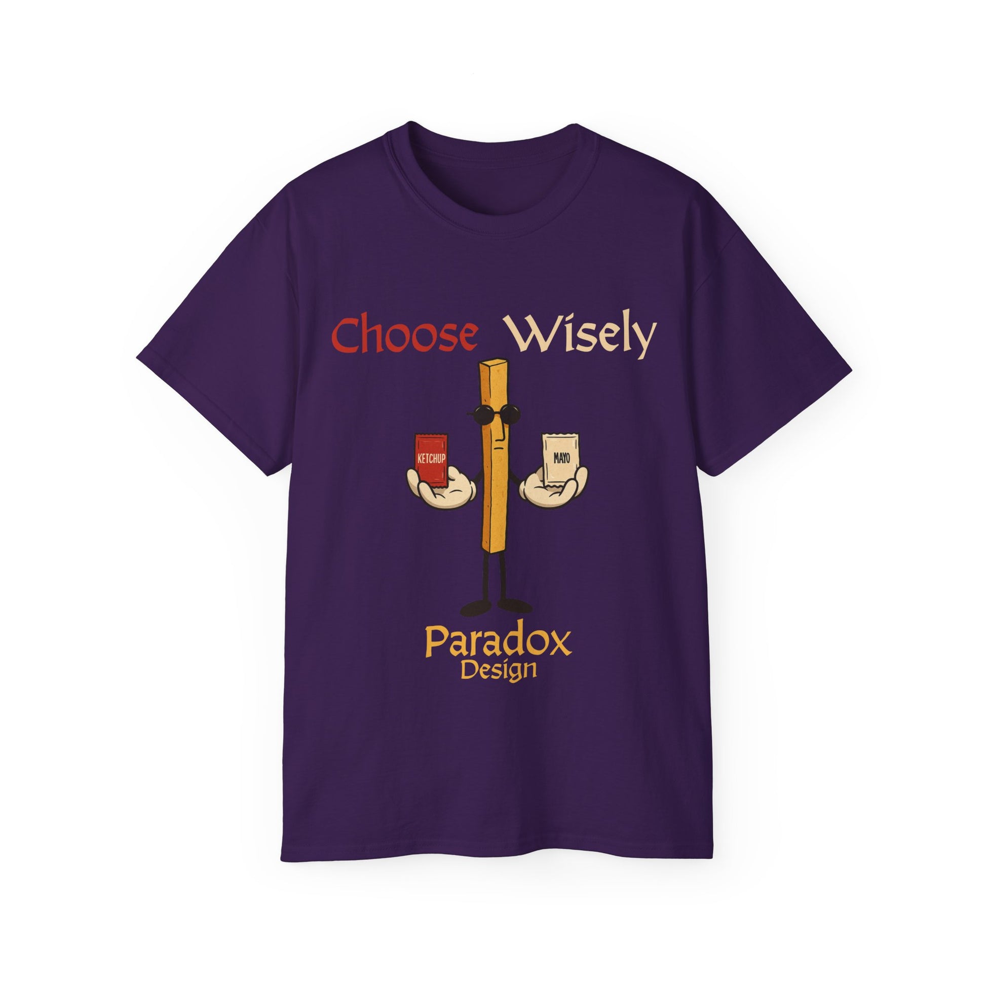 Purple t-shirt of fries character holding a pack of ketchup and mayo for the funny debate of which sauce to chose for fries.