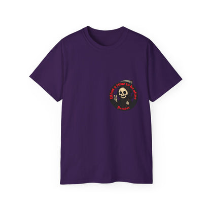 Purple t-shirt with a funny design of grim reaper and text What a time to be alive