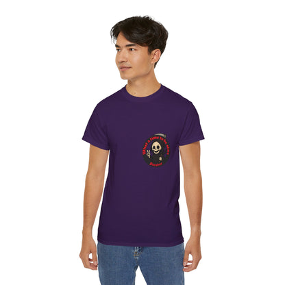 Purple t-shirt with a funny design of grim reaper and text What a time to be alive male model
