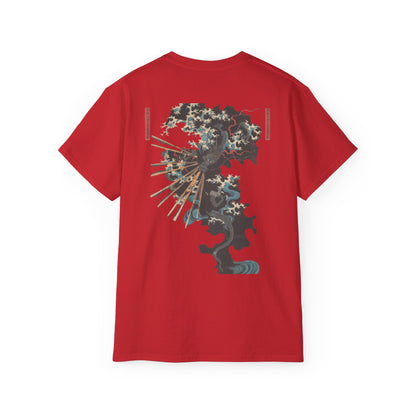 A red t-shirt with a graphic print of a dragon and Samurai design elements based on real art.