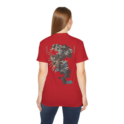 A red t-shirt with a graphic print of a dragon and Samurai design elements based on real art female model