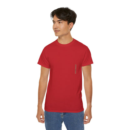 A red t-shirt with a graphic print of a dragon and Samurai design elements based on real art male model.