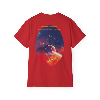 A red graphic t-shirt with the text Lava Ride and Paradox Airlines in stylized font, featuring a cosmic design.