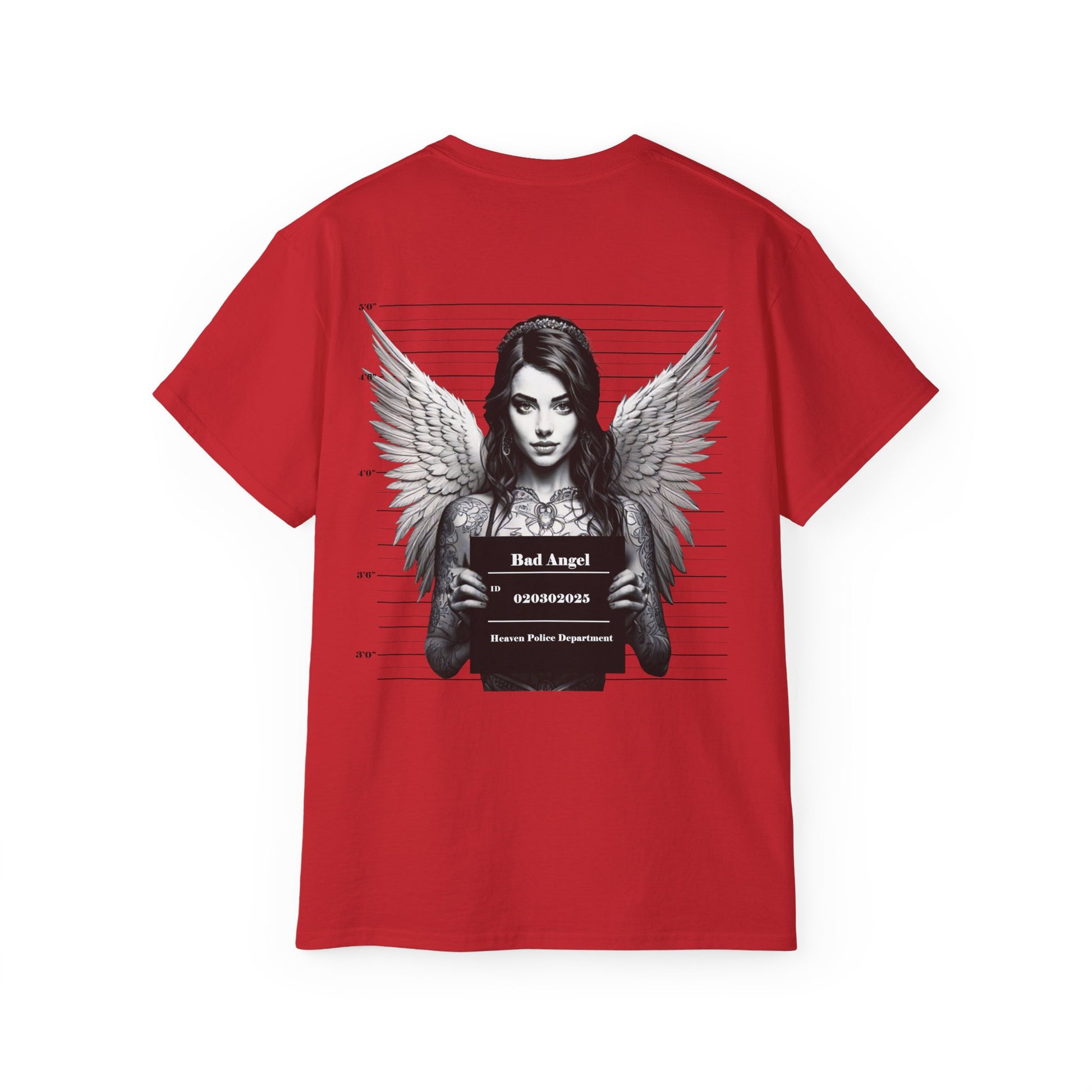 A red t-shirt featuring a graphic print of a bad angel with wings, resembling a mugshot.