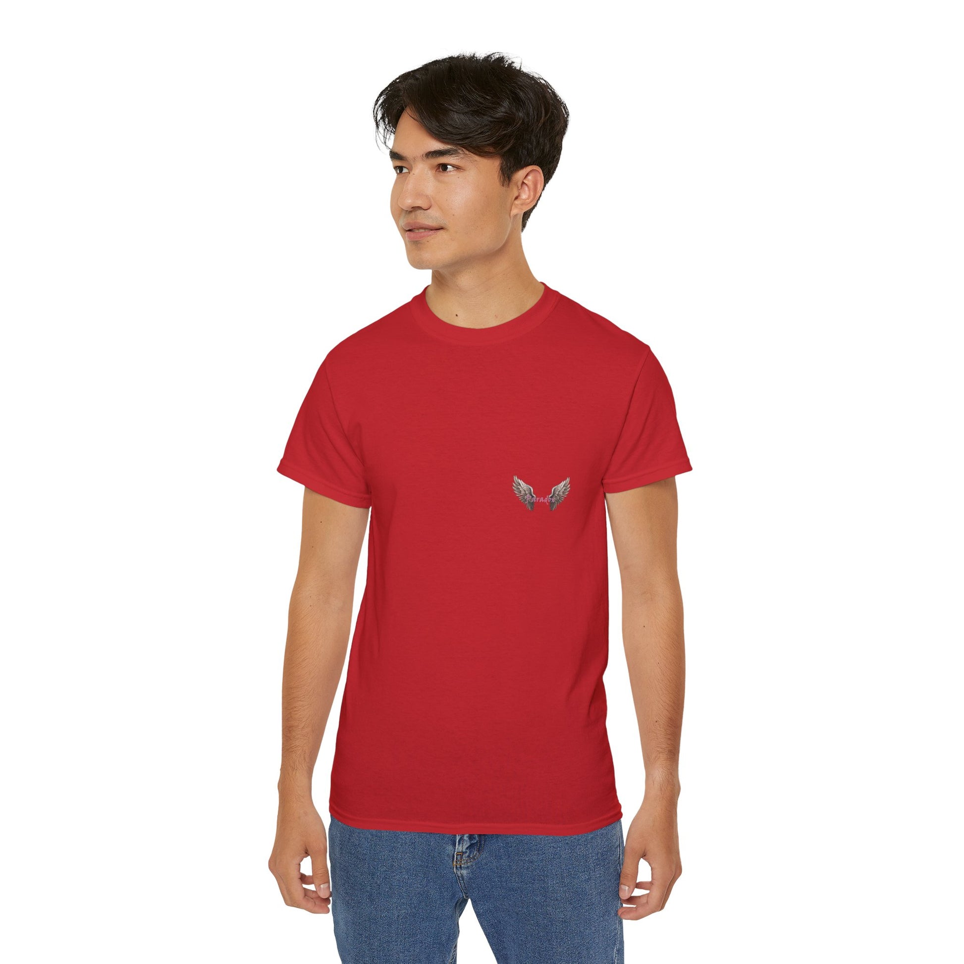 A red t-shirt featuring a graphic print of a bad angel with wings, resembling a mugshot on a male model.