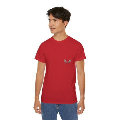 A red t-shirt featuring a graphic print of a bad angel with wings, resembling a mugshot on a male model.