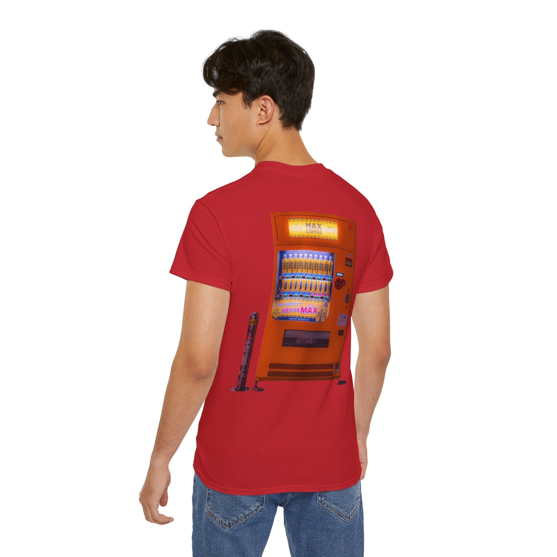 A red t-shirt featuring a graphic print of a vintage coffe vending machine on a male model.