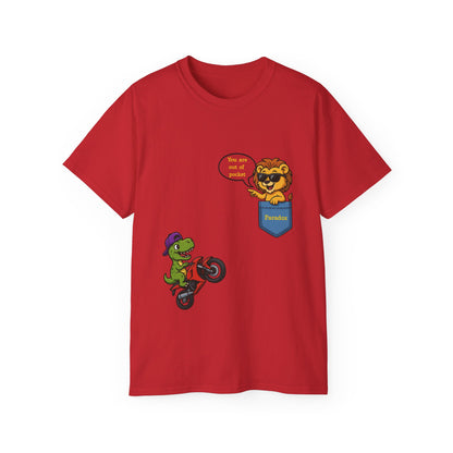 Red t-shirt with a cartoon dinosaur on a motorcycle and a lion saying You are out of pocket.