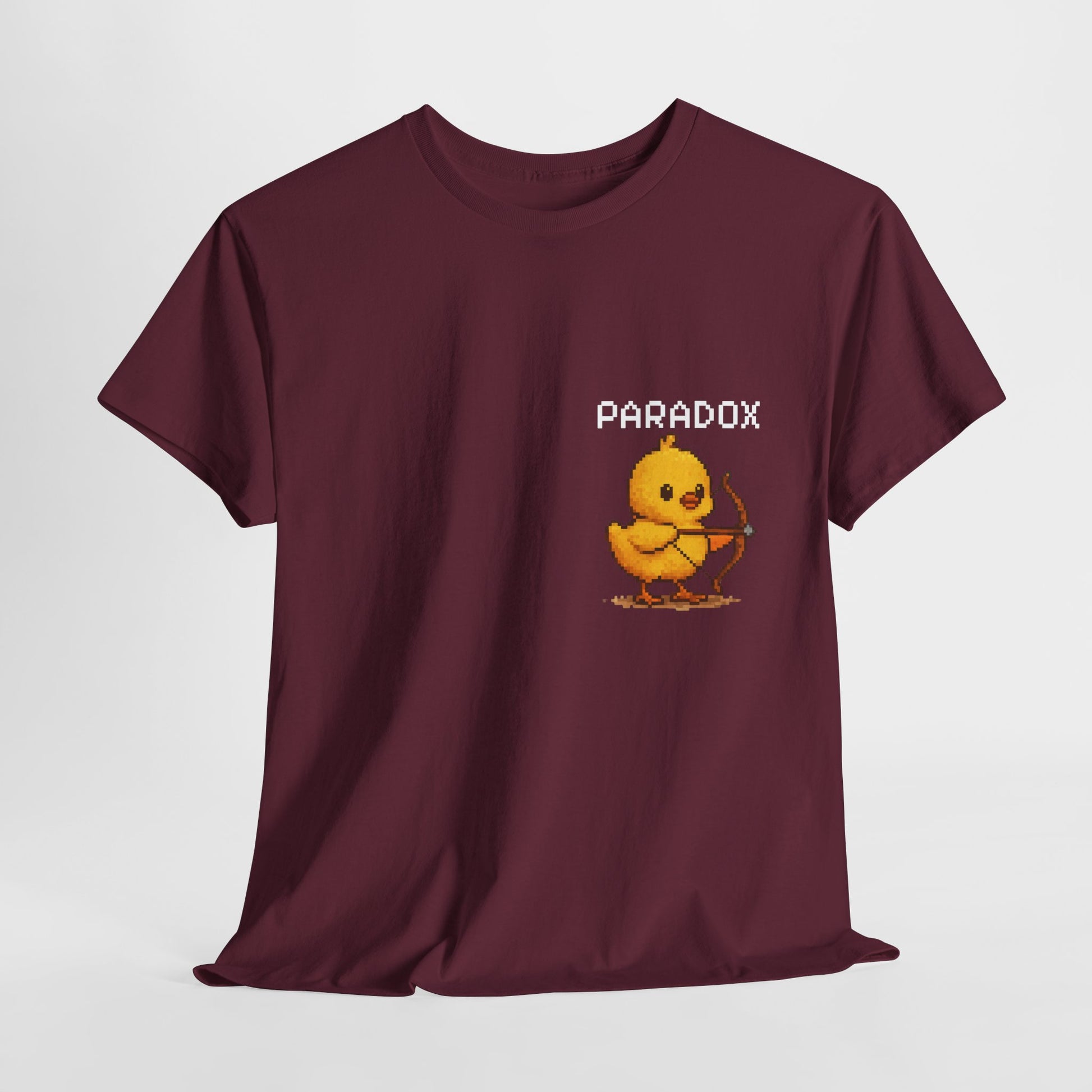 Red t-shirt with a graphic pixel art of a baby chick with a bow and arrow