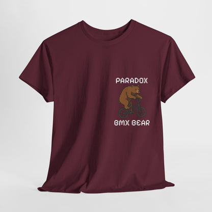 Red t-shirt with a graphic pixel art of a bear on a bmx