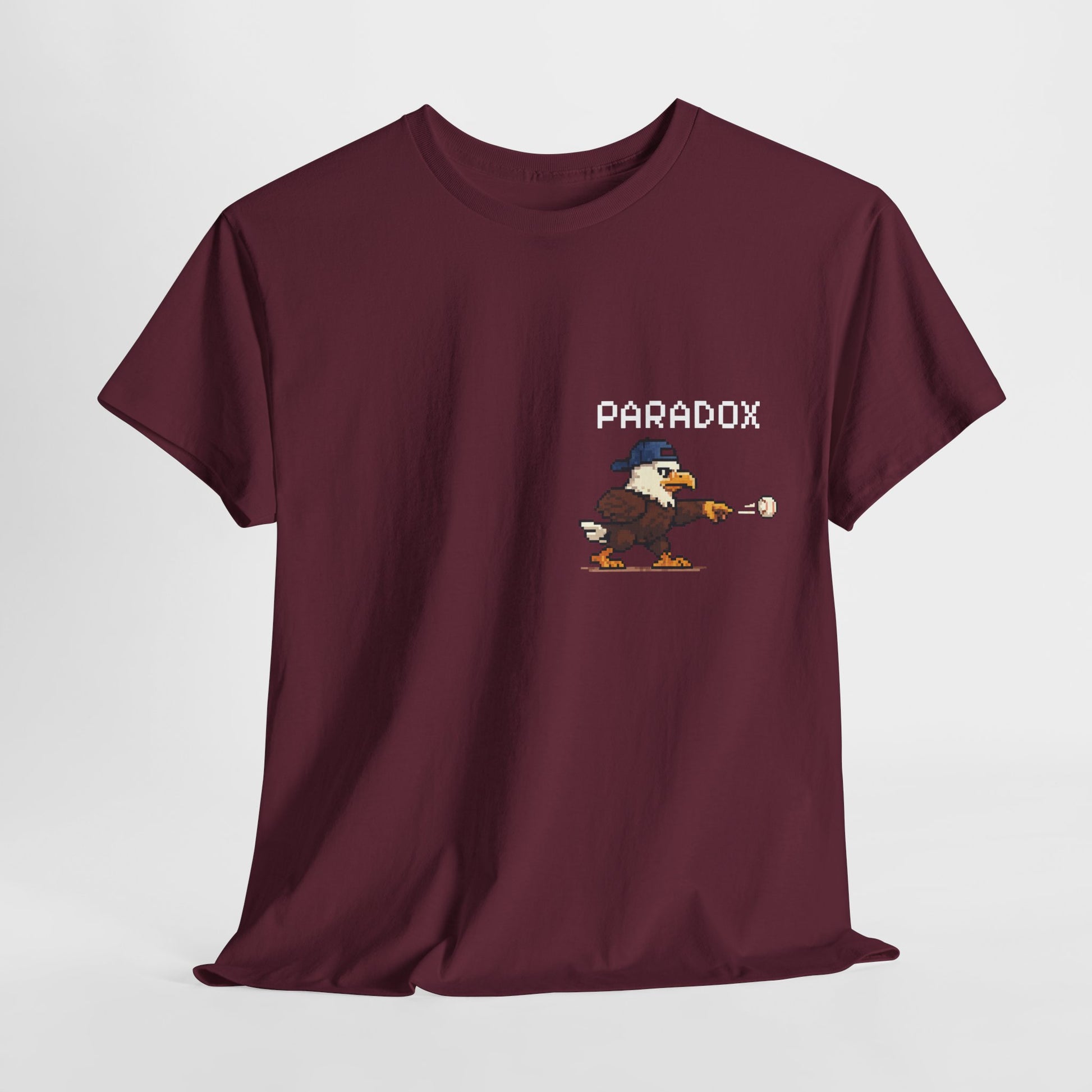 Red t-shirt with a graphic pixel art of an eagle playing baseball