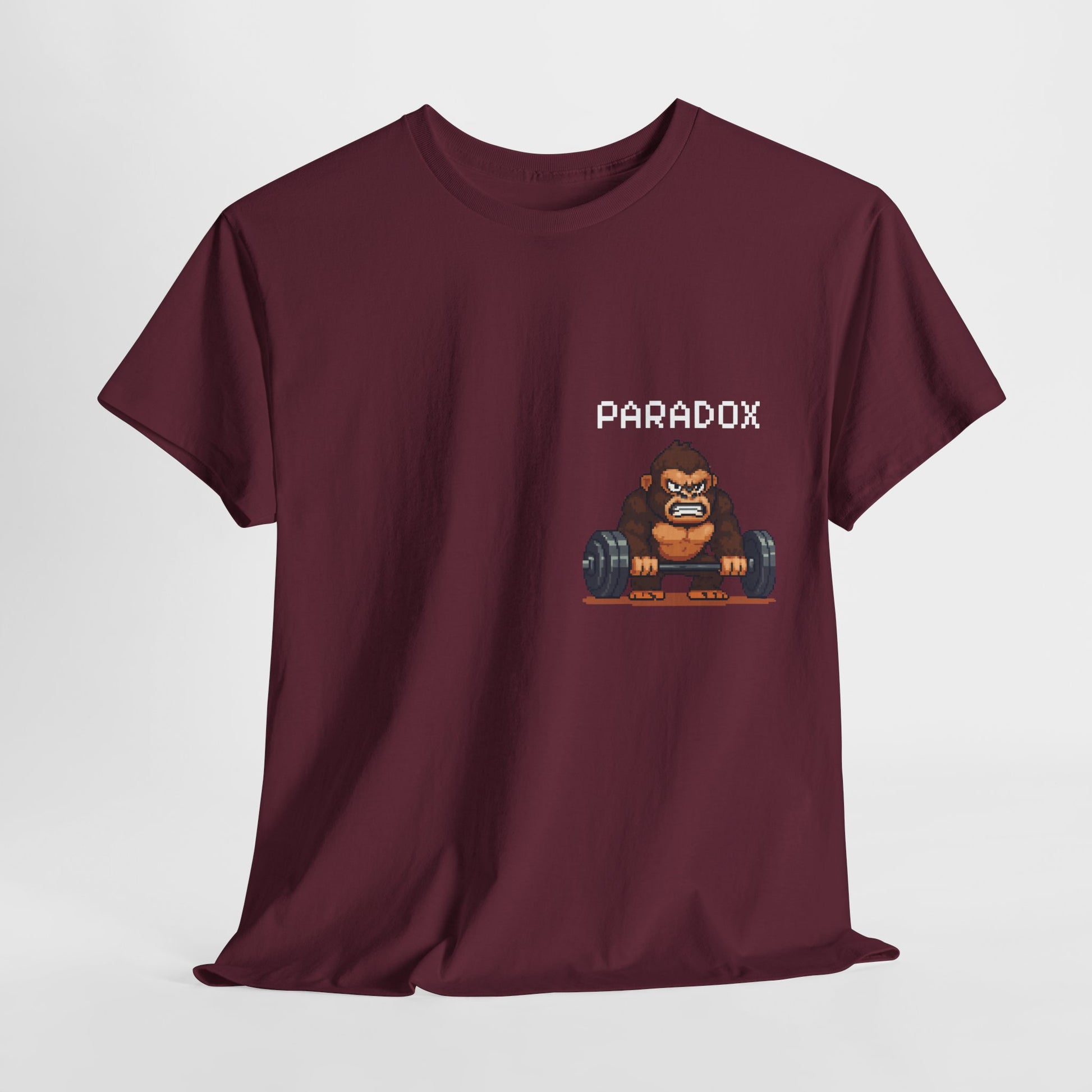Red t-shirt with a graphic pixel art of gorilla in the gym