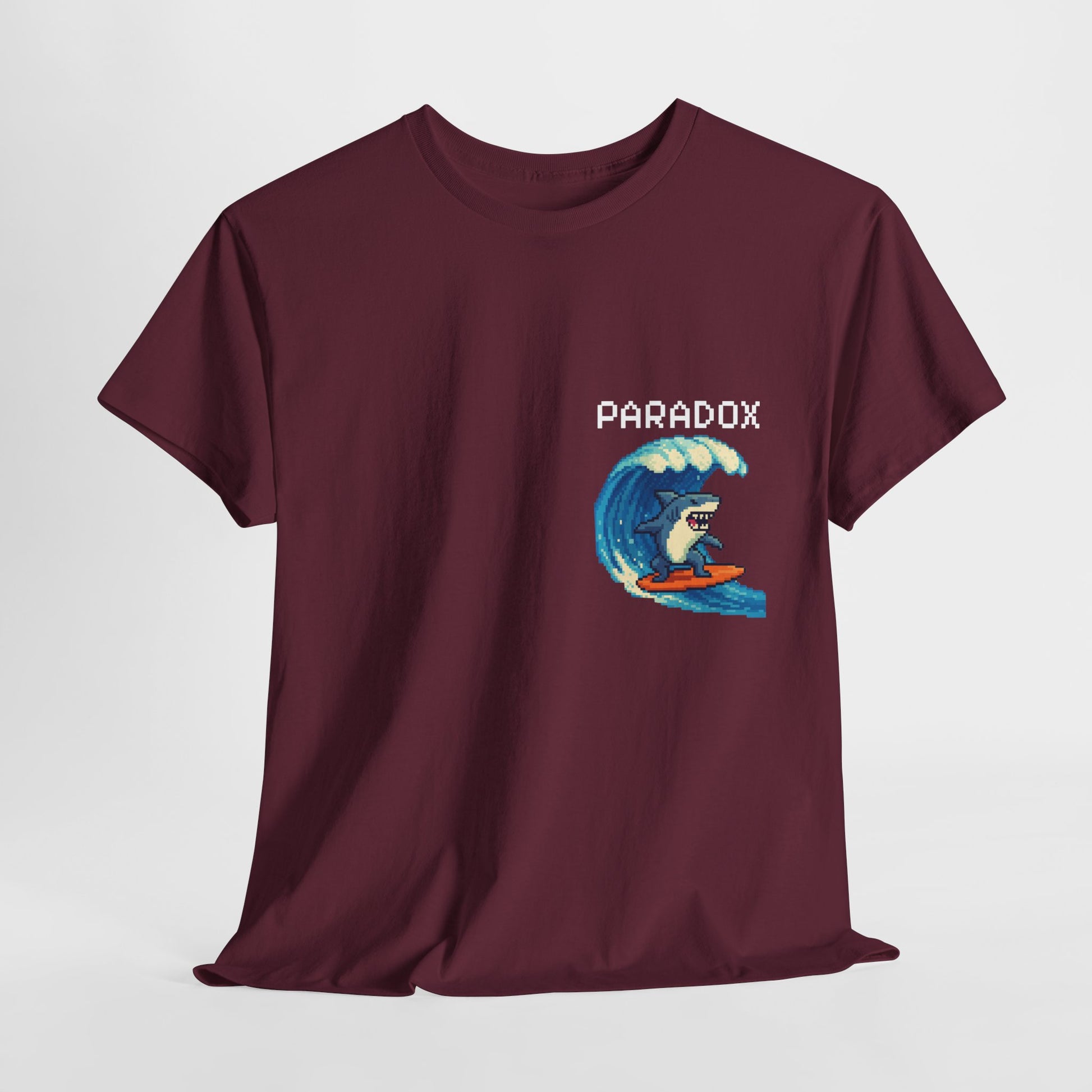 Red t-shirt with a graphic pixel art of a shark surfing