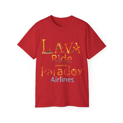 A red graphic t-shirt with the text Lava Ride and Paradox Airlines in stylized font, featuring a cosmic design.