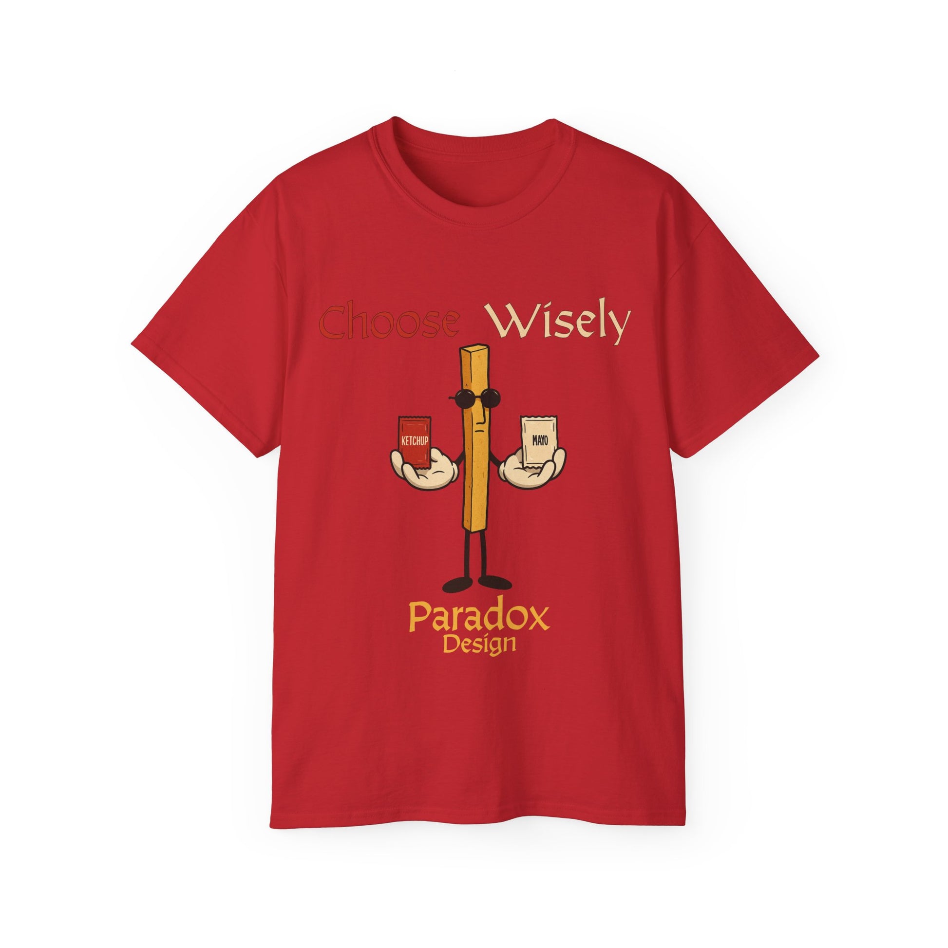 Red t-shirt of fries character holding a pack of ketchup and mayo for the funny debate of which sauce to chose for fries.